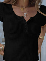 Ribbed Button Detail Round Neck Short Sleeve T-Shirt - Trendsi - Flyclothing LLC