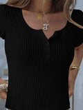 Ribbed Button Detail Round Neck Short Sleeve T-Shirt - Trendsi - Flyclothing LLC