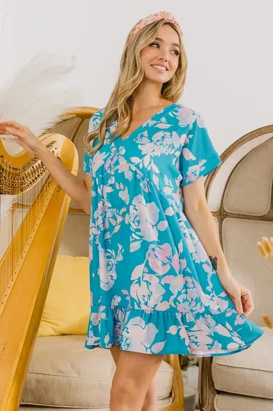 BiBi Floral Crinkle Shirred Ruffle Detail V Neck Dress - Trendsi - Flyclothing LLC