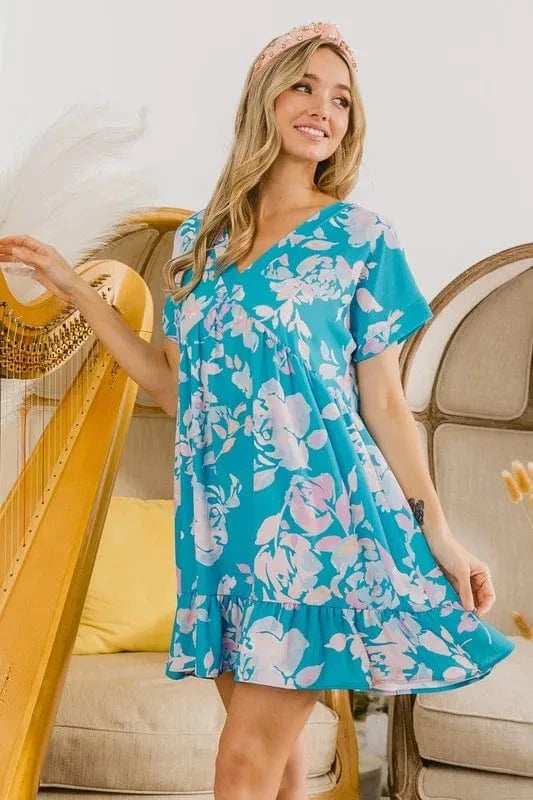 BiBi Floral Crinkle Shirred Ruffle Detail V Neck Dress - Trendsi - Flyclothing LLC