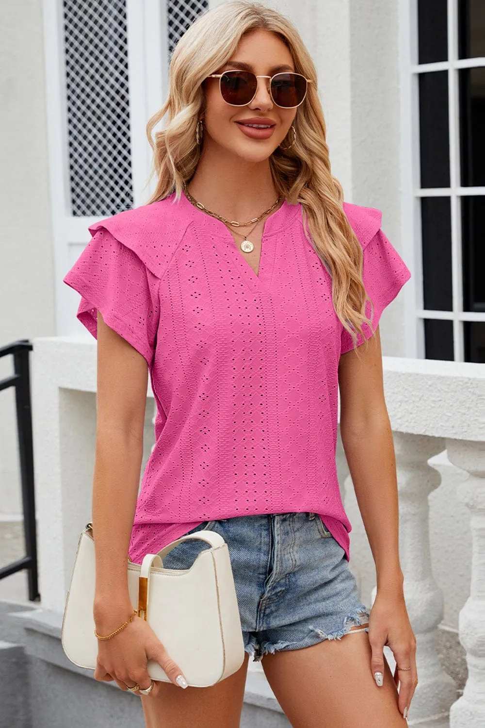 Eyelet Notched Flutter Sleeve T-Shirt - Trendsi - Flyclothing LLC