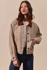 SO ME Cotton Twill Cropped Barn Jacket wtih Collar - Trendsi - Flyclothing LLC