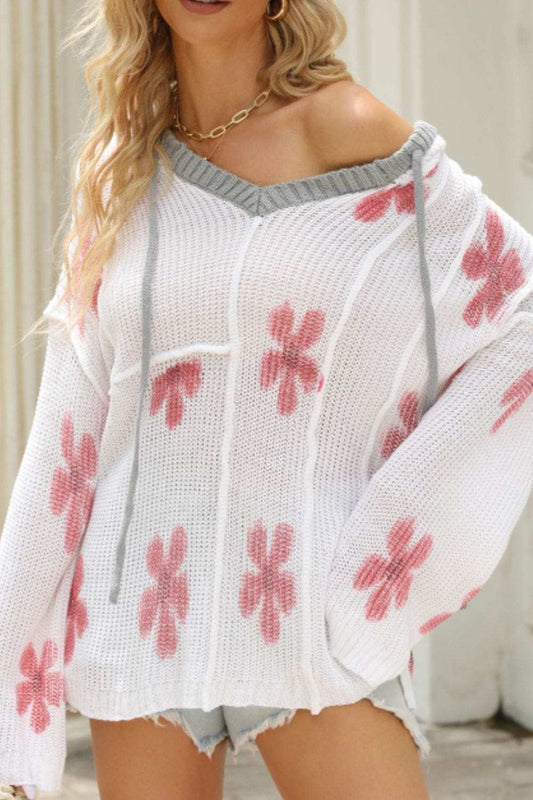 Drawstring Flower Hooded Knit Top - Trendsi - Flyclothing LLC