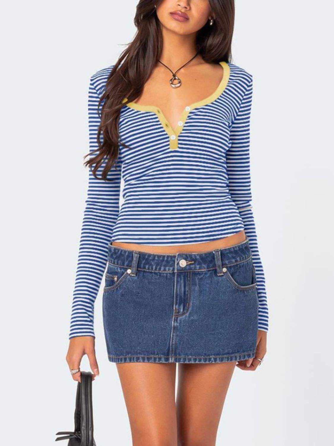 Buttoned Striped Long Sleeve T-Shirt - Trendsi - Flyclothing LLC