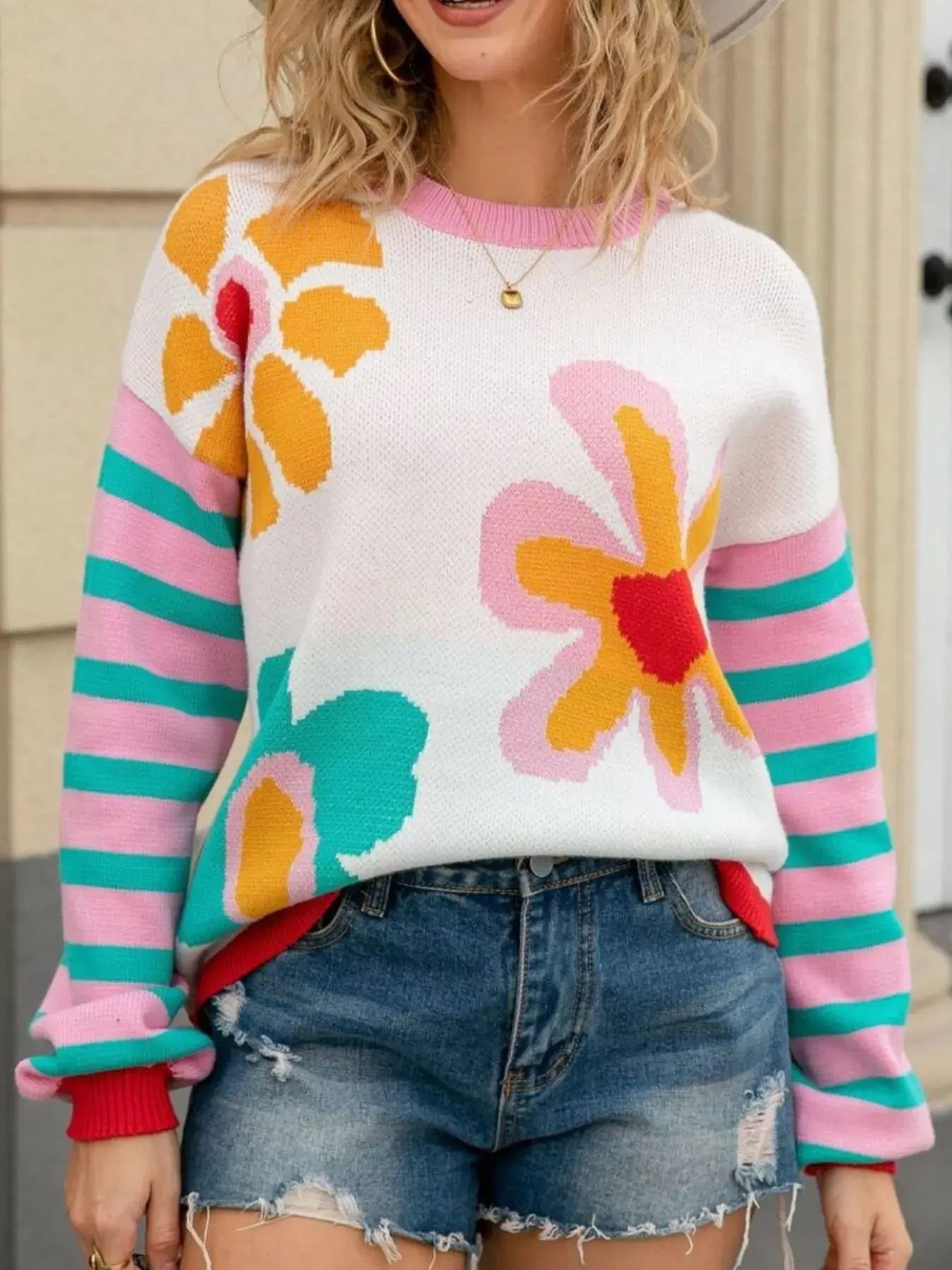 Floral Striped Crew Neck Sweater - Trendsi - Flyclothing LLC