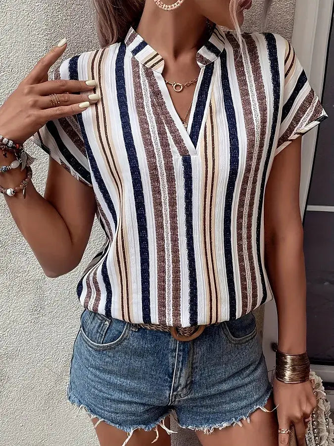 Striped Notched Short Sleeve Shirt - Trendsi - Flyclothing LLC