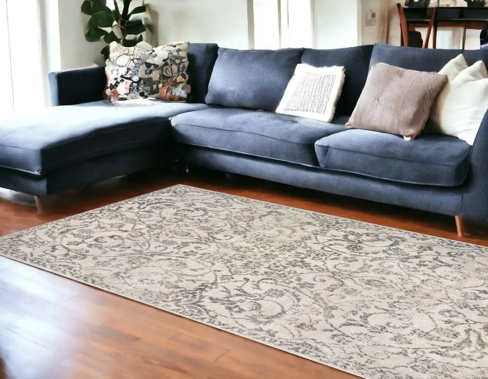 8' X 10' Ivory and Gray Floral Vines Distressed Area Rug - Homeroots