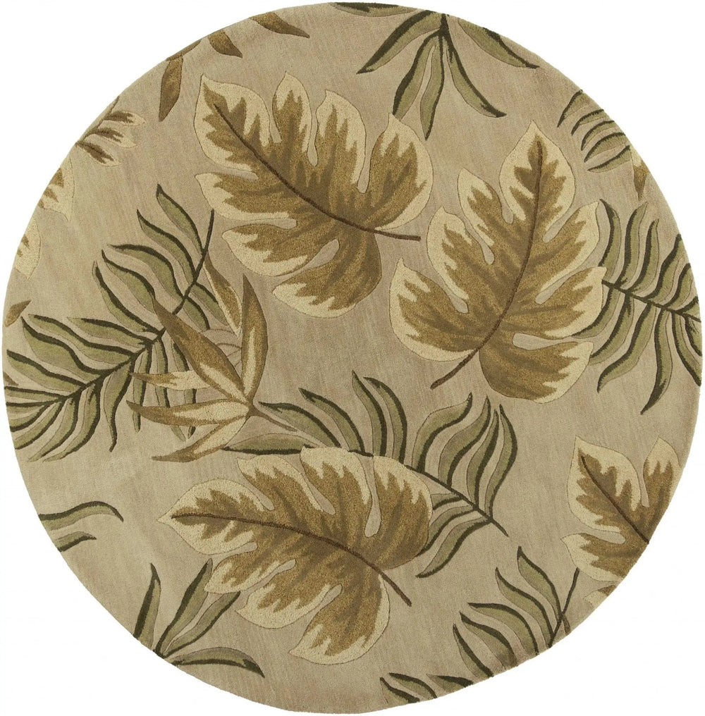 8' Sand Beige Hand Tufted Tropical Leaves Round Indoor Area Rug - Homeroots