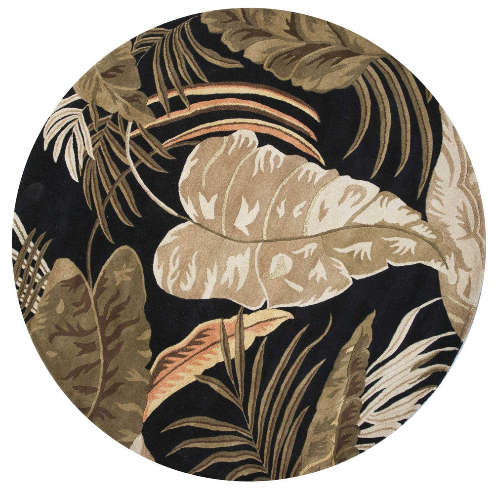 8' Midnight Black Hand Tufted Tropical Leaves Round Indoor Area Rug - Homeroots - Flyclothing LLC