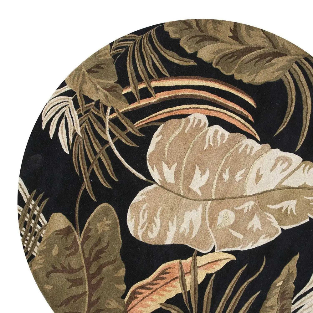 8' Midnight Black Hand Tufted Tropical Leaves Round Indoor Area Rug - Homeroots - Flyclothing LLC