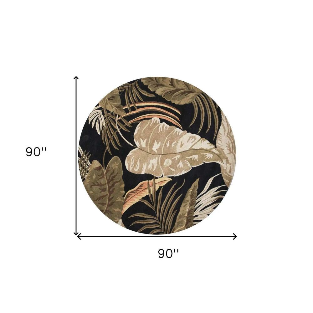 8' Midnight Black Hand Tufted Tropical Leaves Round Indoor Area Rug - Homeroots - Flyclothing LLC