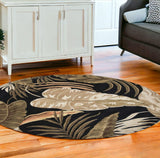 8' Midnight Black Hand Tufted Tropical Leaves Round Indoor Area Rug - Homeroots