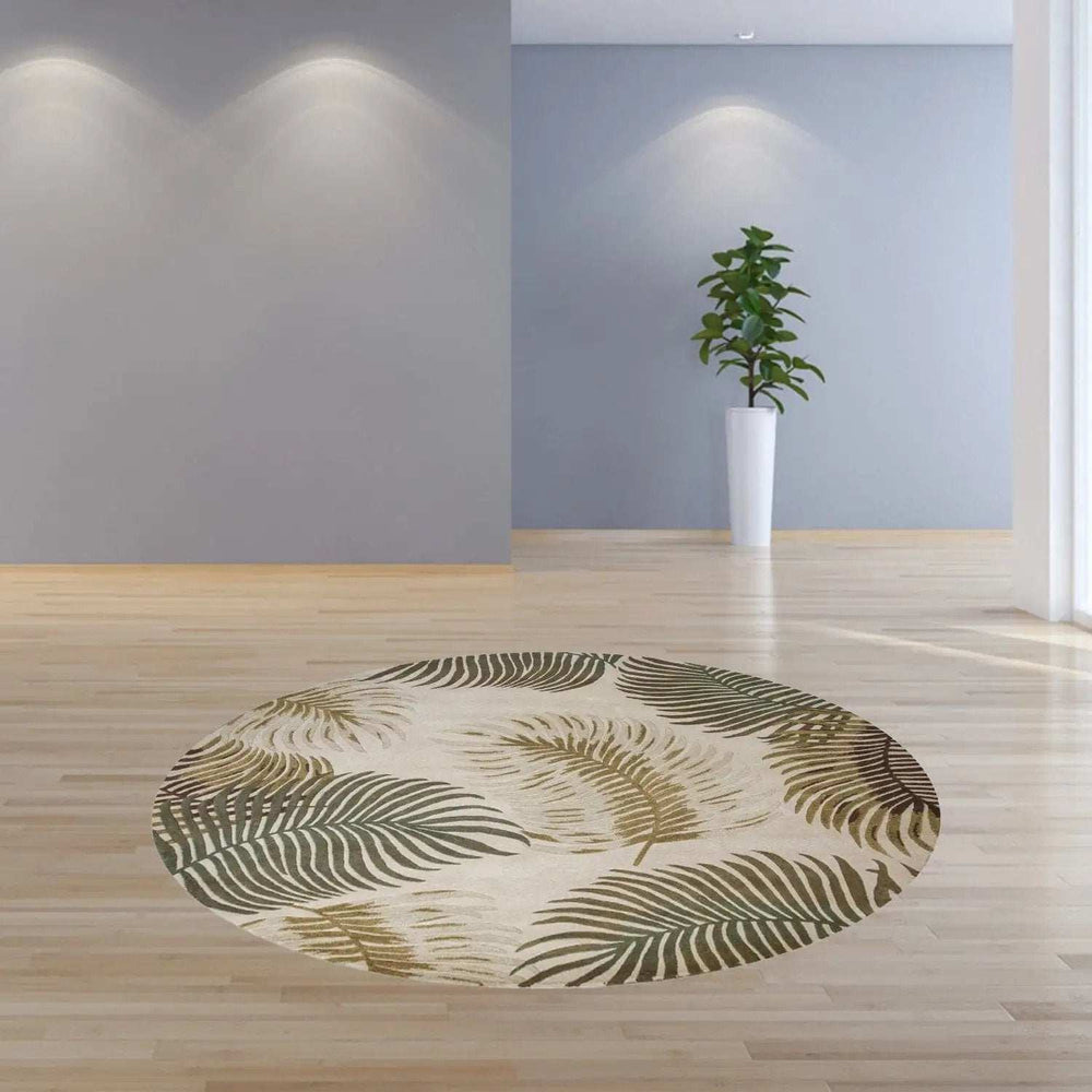8' Natural Beige Hand Tufted Tropical Leaves Round Indoor Area Rug - Homeroots - Flyclothing LLC