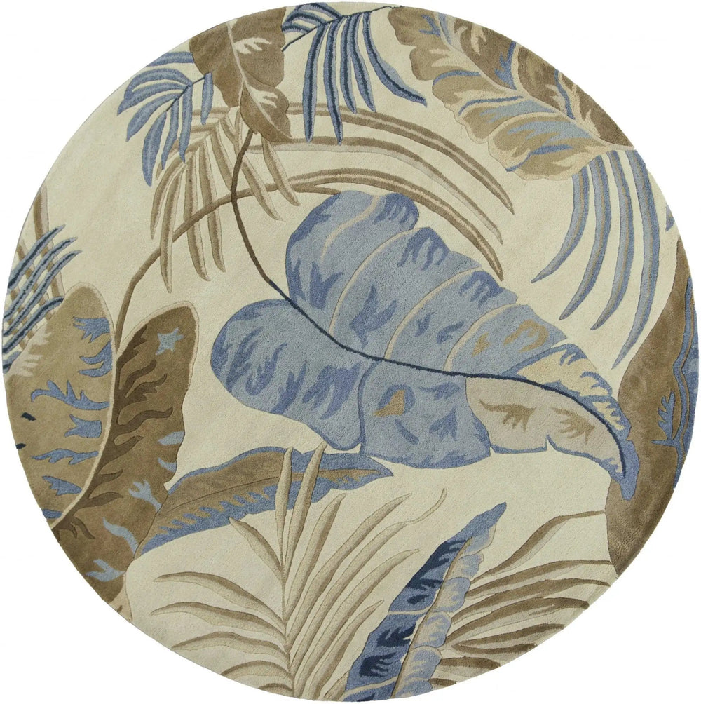 8' Ivory Blue Hand Tufted Tropical Leaves Round Indoor Area Rug - Homeroots