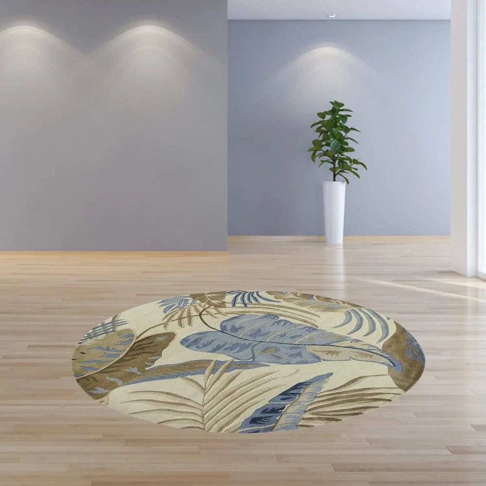 8' Ivory Blue Hand Tufted Tropical Leaves Round Indoor Area Rug - Homeroots - Flyclothing LLC