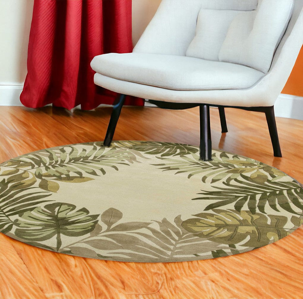 8' Ivory Hand Tufted Bordered Tropical Leaves Round Indoor Area Rug - Homeroots