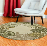 8' Ivory Hand Tufted Bordered Tropical Leaves Round Indoor Area Rug - Homeroots