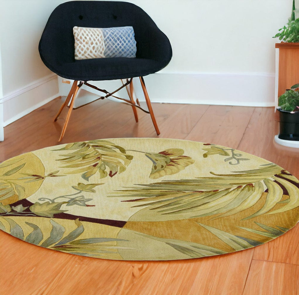 8' Coral Red Hand Tufted Tropical Leaves Round Indoor Area Rug - Homeroots
