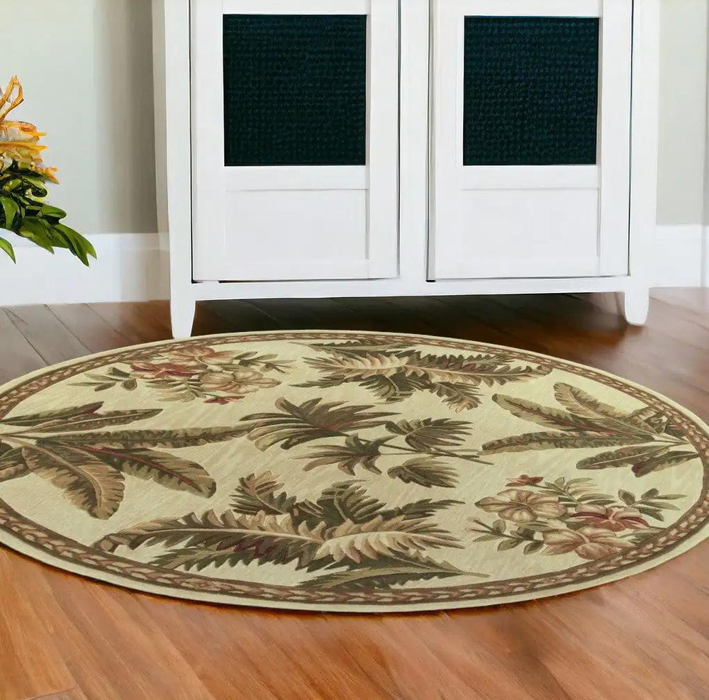 8' Ivory Hand Tufted Bordered Tropical Plants Round Indoor Area Rug - Homeroots