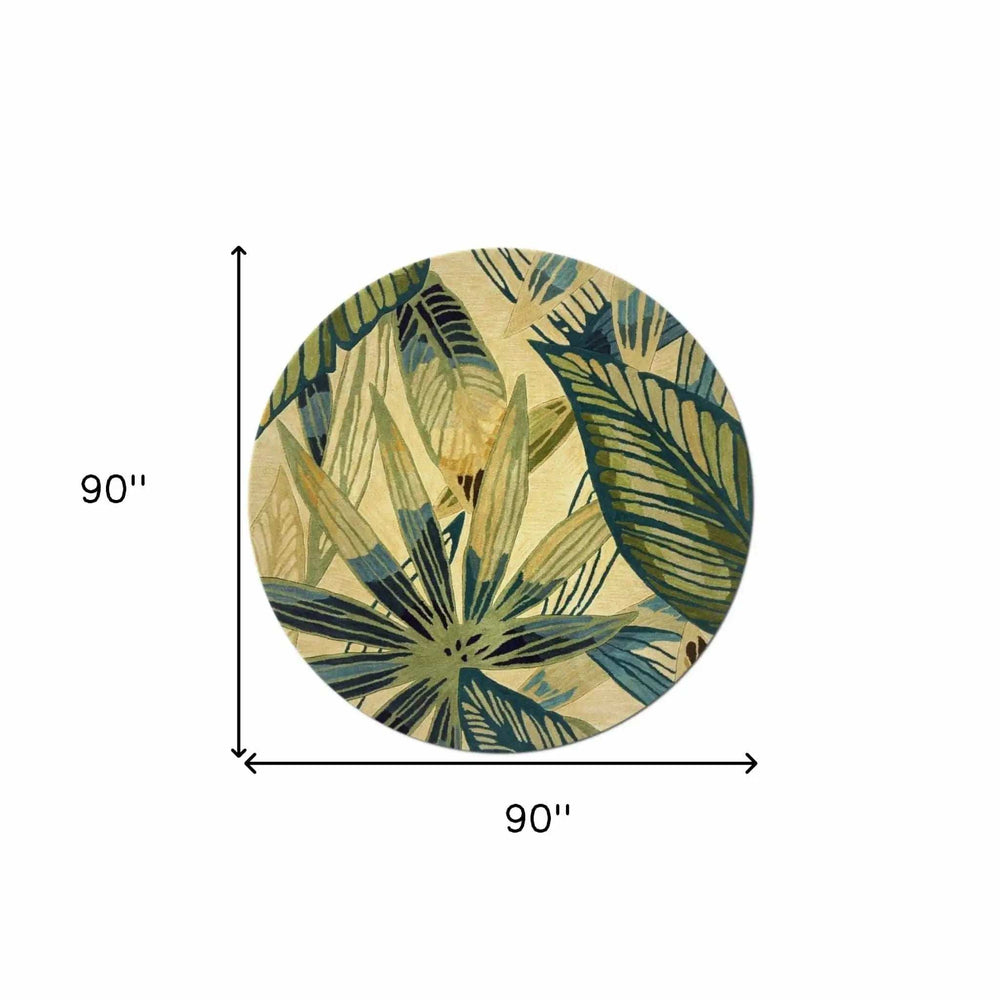 8' Ivory Teal Hand Tufted Tropical Leaves Round Indoor Area Rug - Homeroots - Flyclothing LLC