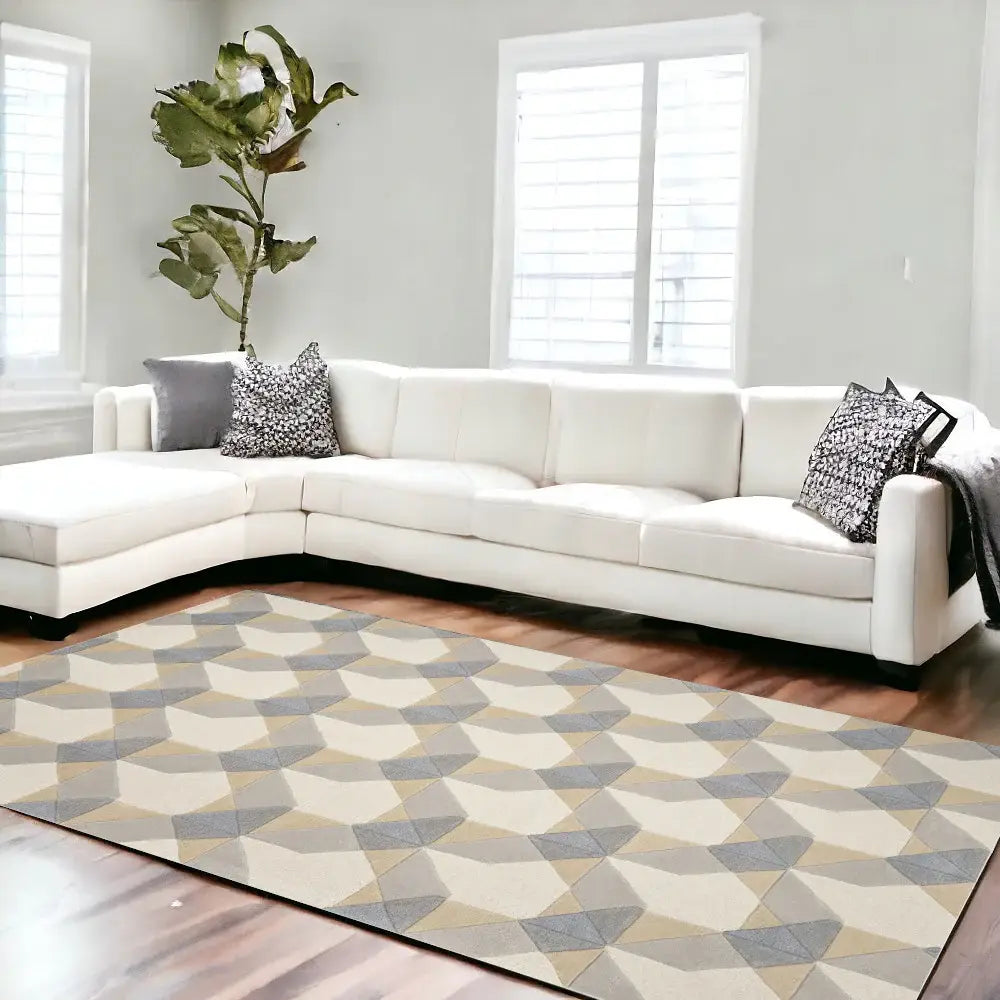 8' X 11' Ivory Grey Hand Tufted Geometric Chain Pattern Indoor Area Rug - Homeroots - Flyclothing LLC