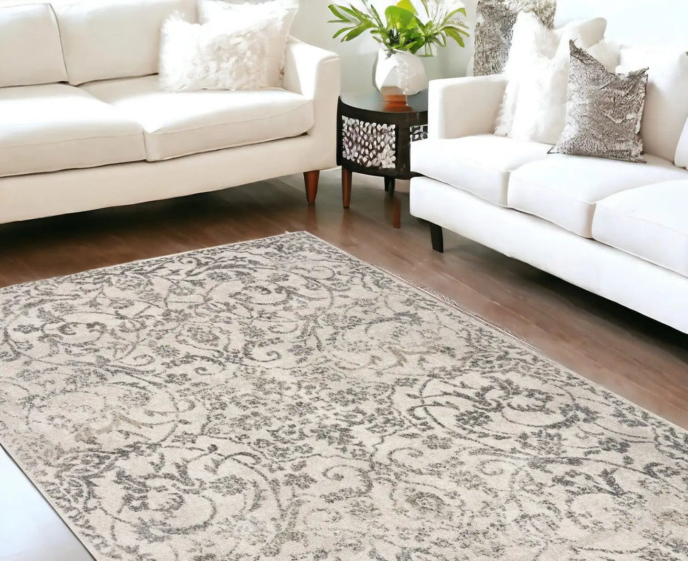 9' X 13' Ivory Machine Woven Distressed Floral Vines Indoor Area Rug - Homeroots