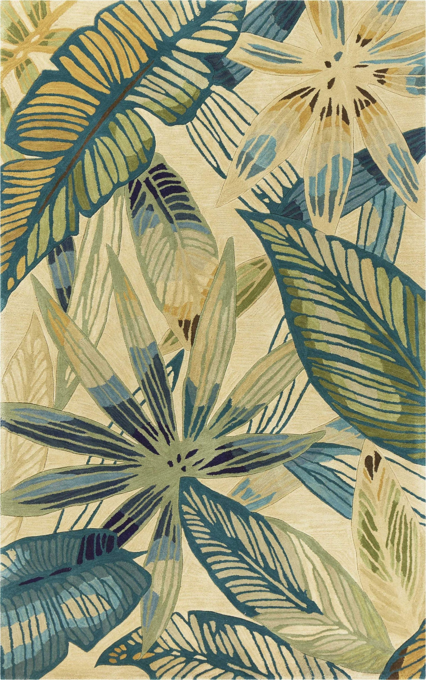8' X 10' Ivory Teal Hand Tufted Tropical Leaves Indoor Area Rug - Homeroots - Flyclothing LLC
