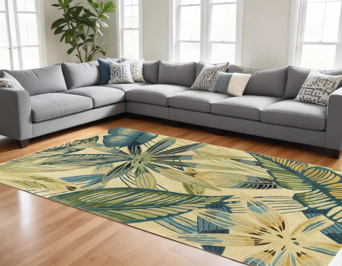 8' X 10' Ivory Teal Hand Tufted Tropical Leaves Indoor Area Rug - Homeroots - Flyclothing LLC