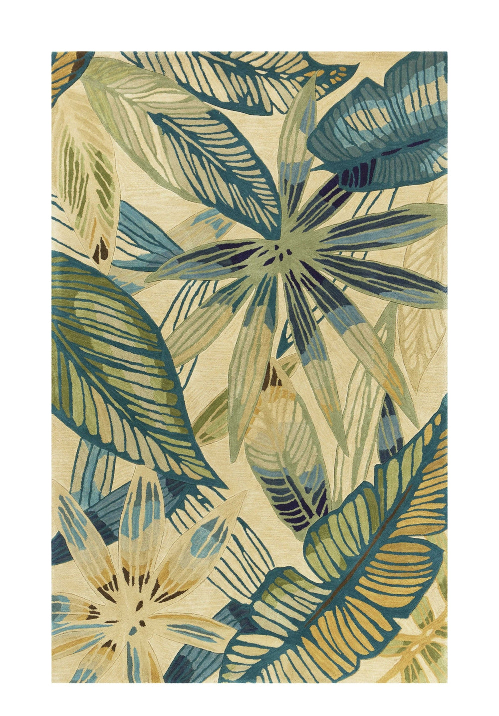 8' X 10' Ivory Teal Hand Tufted Tropical Leaves Indoor Area Rug - Homeroots