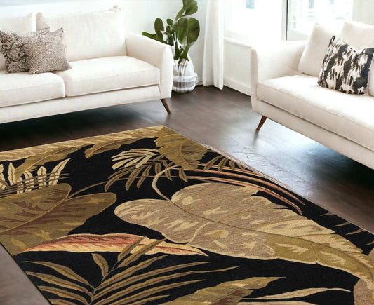 8' X 11' Midnight Black Hand Tufted Tropical Leaves Indoor Area Rug - Homeroots - Flyclothing LLC
