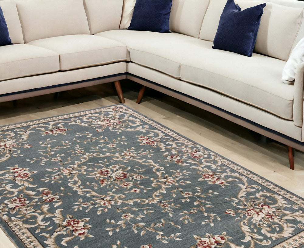 9' X 12' Slate Blue and Ivory Floral Area Rug - Homeroots