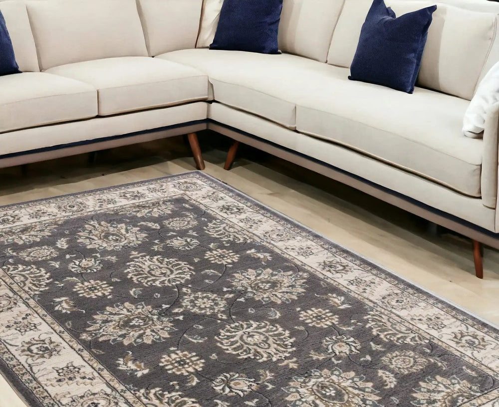 9' X 12' Grey Ivory Bordered Floral Indoor Area Rug - Homeroots