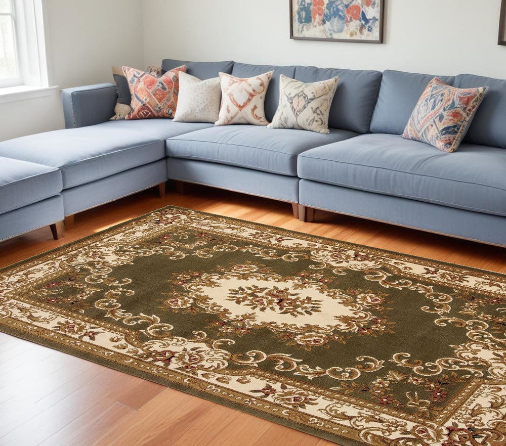 10' X 13' Green Ivory Machine Woven Hand Carved Floral Medallion Indoor Area Rug - Homeroots