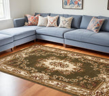 10' X 13' Green Ivory Machine Woven Hand Carved Floral Medallion Indoor Area Rug - Homeroots