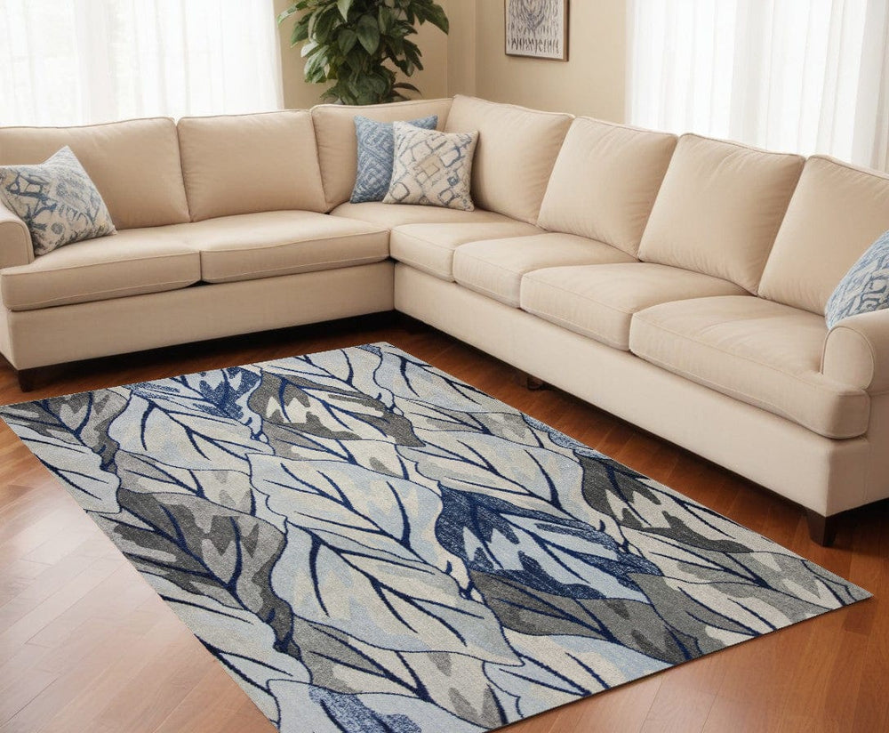 10' X 13' Grey Navy Blue Machine Woven Tropical Leaves Indoor Area Rug - Homeroots