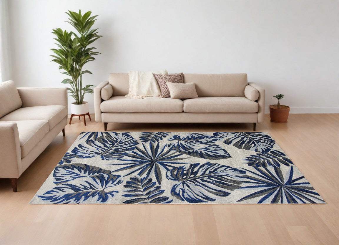 10' X 13' Grey Blue Machine Woven Tropical Leaves Indoor Area Rug - Homeroots - Flyclothing LLC