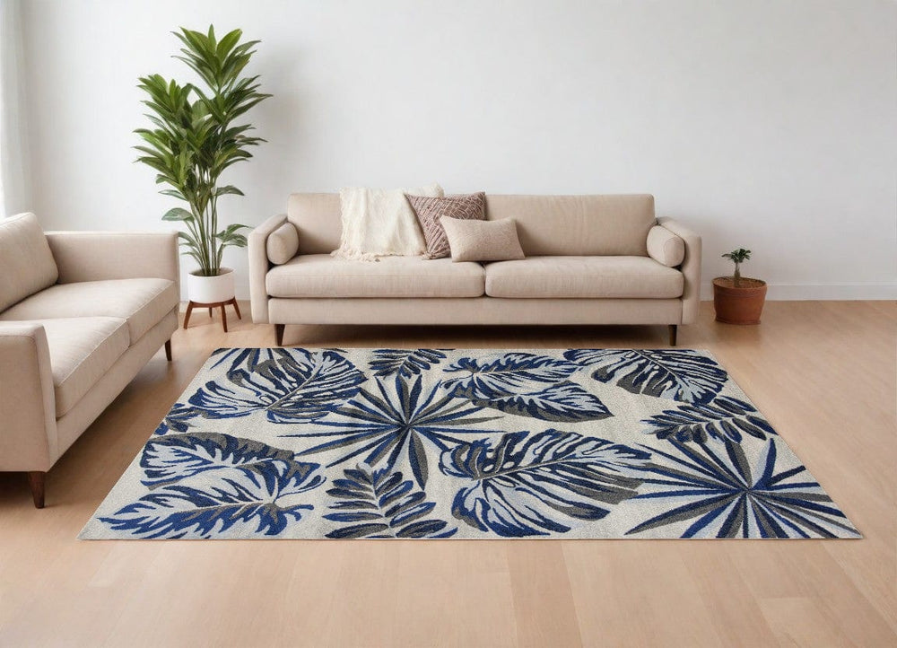 10' X 13' Grey Blue Machine Woven Tropical Leaves Indoor Area Rug - Homeroots