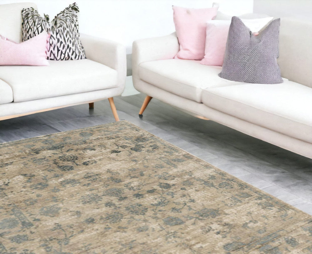 9' X 12' Blue Floral Vines Hand Loomed Distressed Area Rug - Homeroots