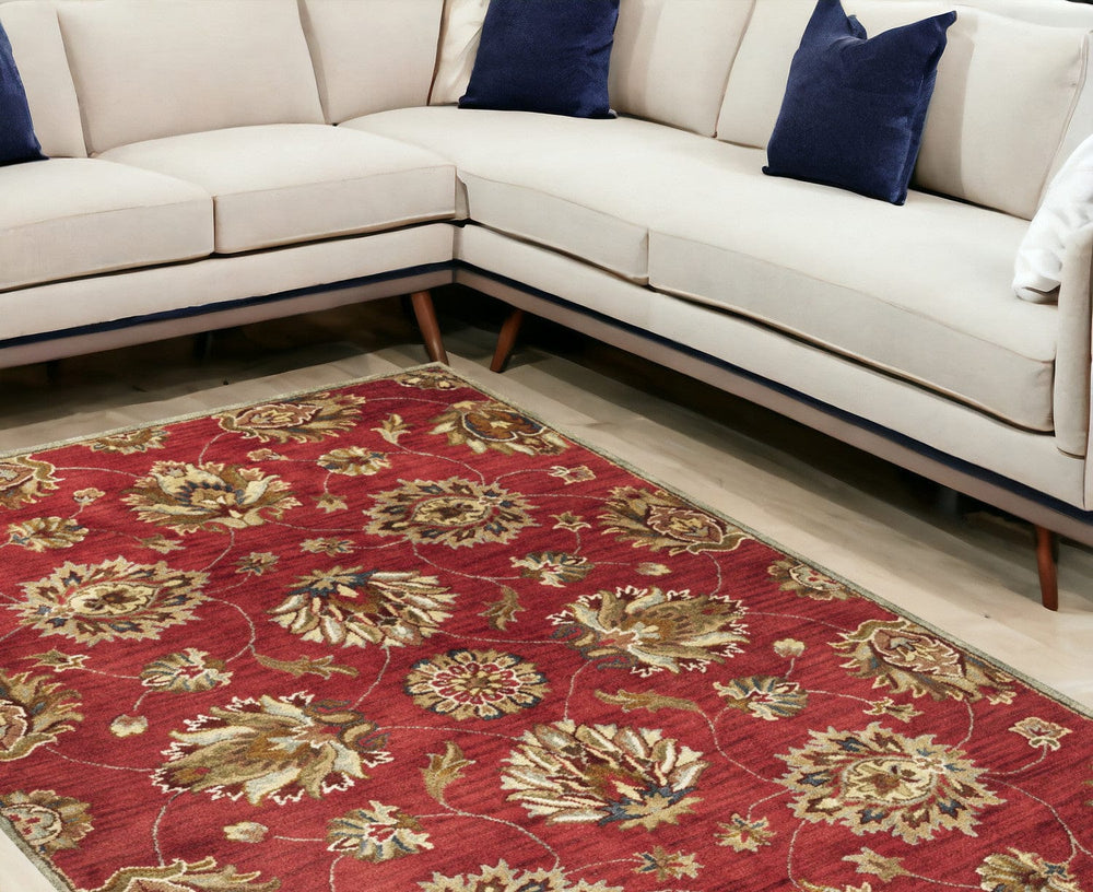 9' X 13' Red and Ivory Wool Floral Handmade Area Rug - Homeroots