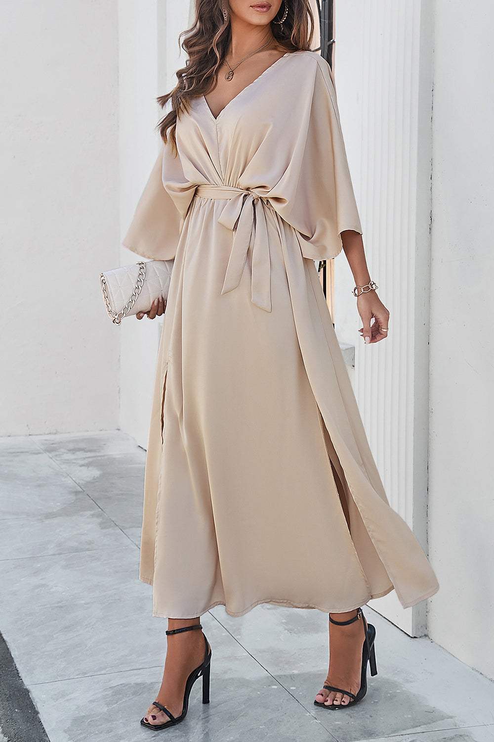 Slit Tied V-Neck Three-Quarter Sleeve Dress - Trendsi - Flyclothing LLC