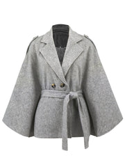 Double-Breasted Tie Waist Poncho - Trendsi