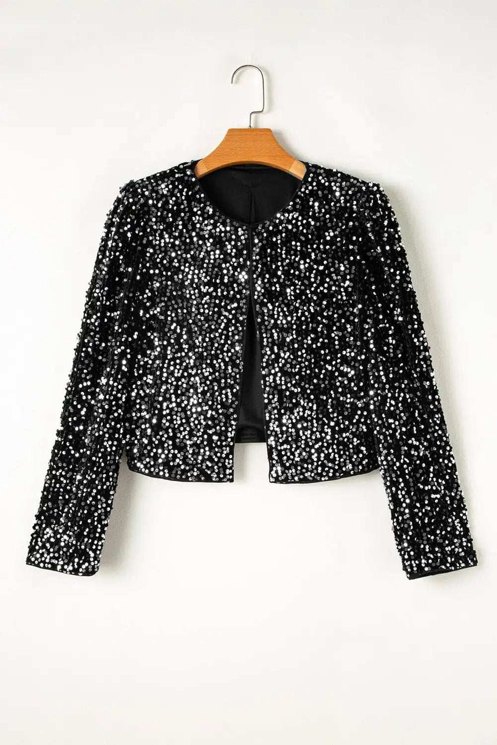 Sequin Open Front Long Sleeve Jacket - Trendsi - Flyclothing LLC