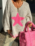 Star V-Neck Long Sleeve Oversize Sweater - Trendsi - Flyclothing LLC