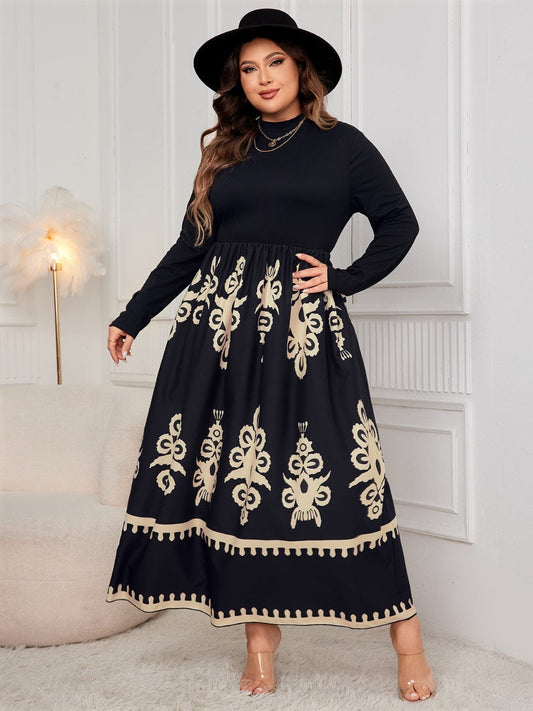 Plus Size Printed Mock Neck Long Sleeve Dress - Trendsi