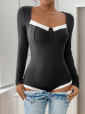 Perfee Ribbed Contrast Long Sleeve Bodysuit - Trendsi