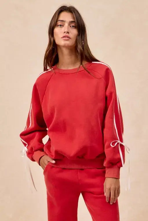 BiBi Side Lined Bow Details Fleece Sweatshirt - Trendsi - Flyclothing LLC