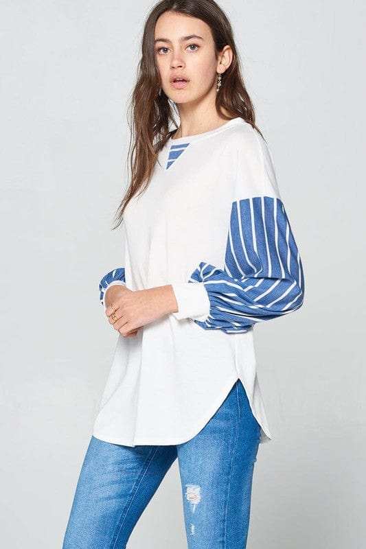 Super Lady Full Size French Terry Striped Long Sleeve Top - Trendsi - Flyclothing LLC