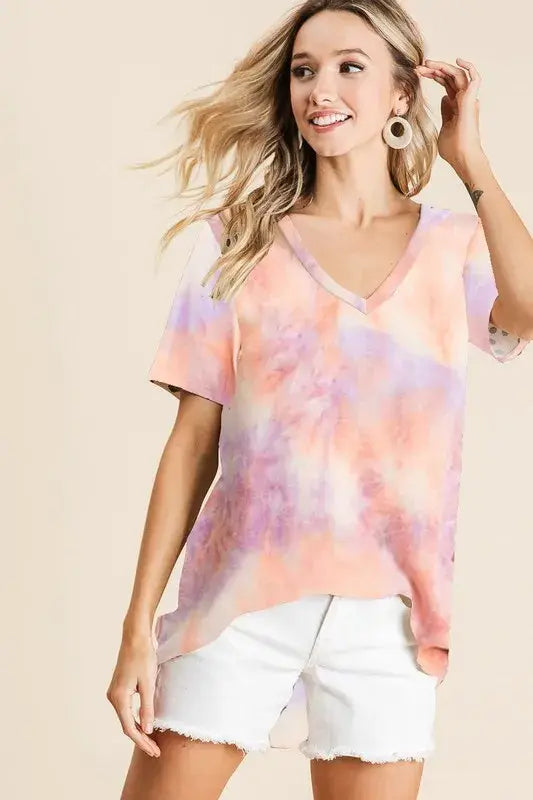 BiBi Tie Dye French Terry V Neck Top - Trendsi - Flyclothing LLC