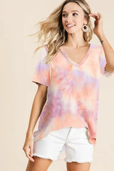 BiBi Tie Dye French Terry V Neck Top - Trendsi - Flyclothing LLC