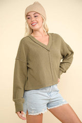 VERY J Exposed Seam V-Neck Ribbed Knit Top - Trendsi - Flyclothing LLC